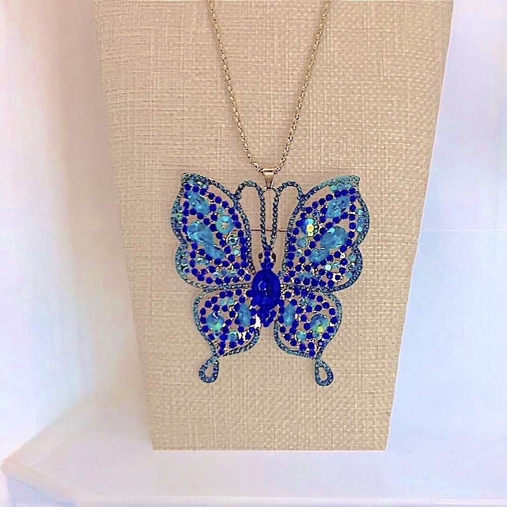 Butterfly Blue Crystal Gold Plated Chain Necklace Brooch Combination - Picture 4 of 5